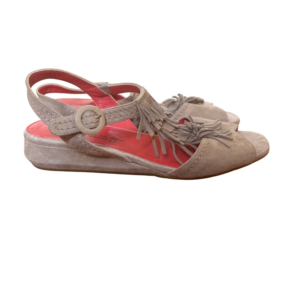 Pas de Rouge Wedge Sandals Women Gray Fringe Suede Slingback Boho SIZE 38.5